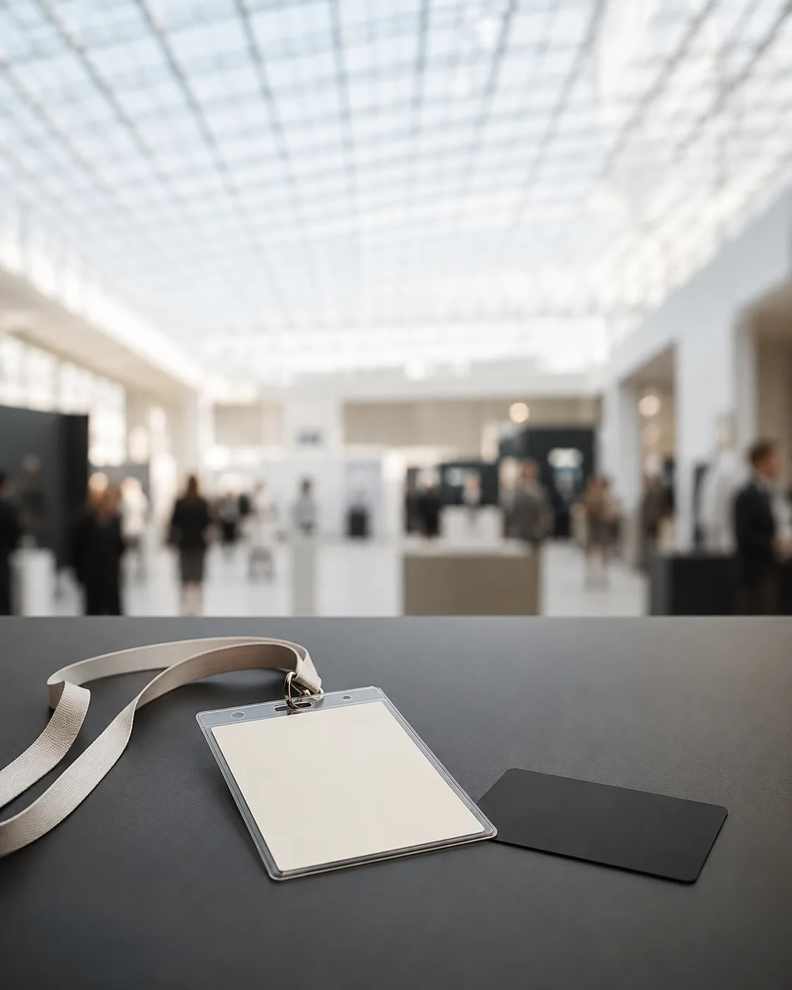 Badge and black card on a trade-fair table