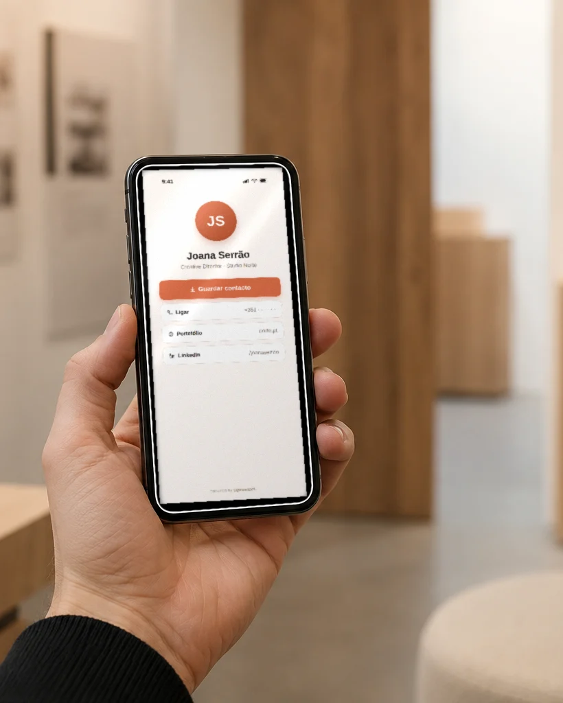 Hand holding a phone showing a tapcontact contact page