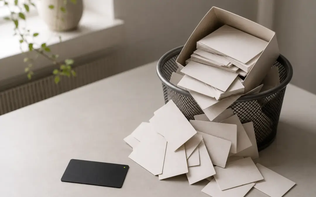 Caixa de cartões de visita de papel despejada num cesto, ao lado de um cartão NFC preto tapcontact