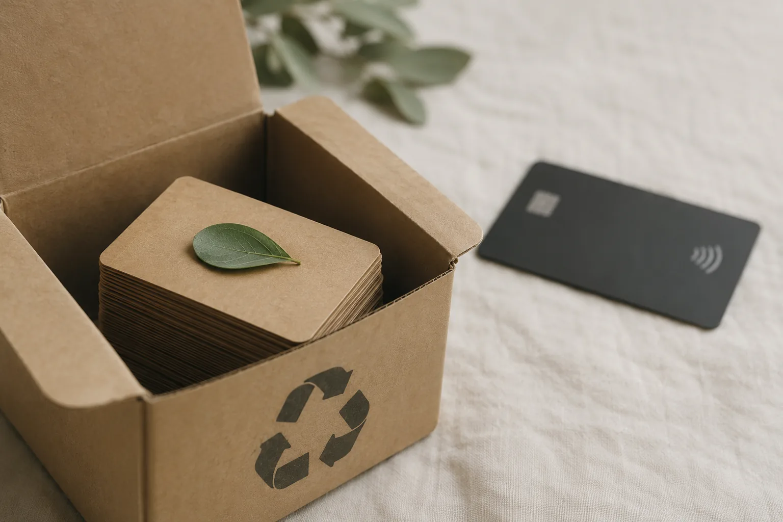 Kraft box of recycled paper business cards with a green leaf; matte black NFC card in the background