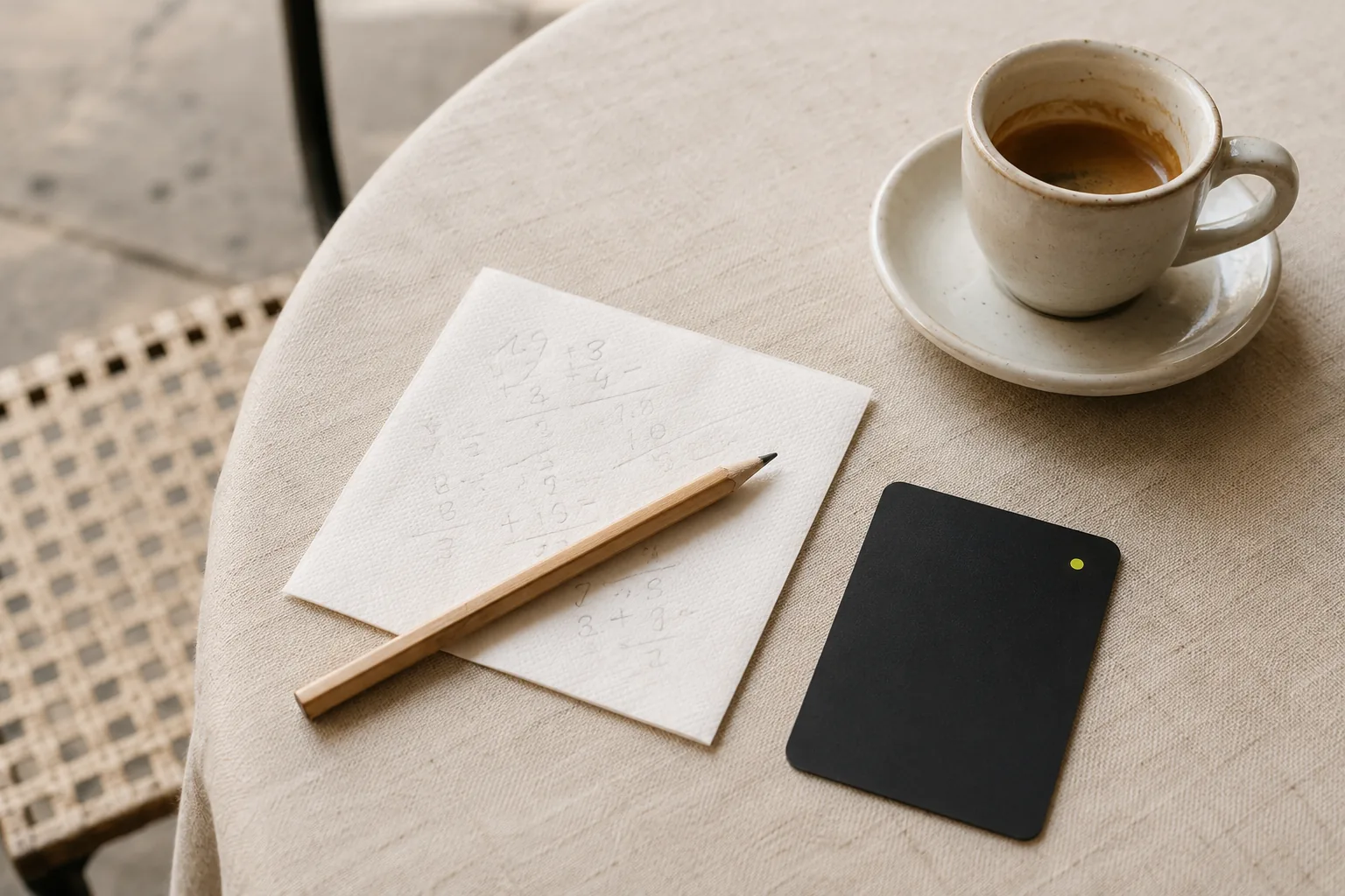 Napkin with pencil arithmetic next to a matte black NFC card and an espresso