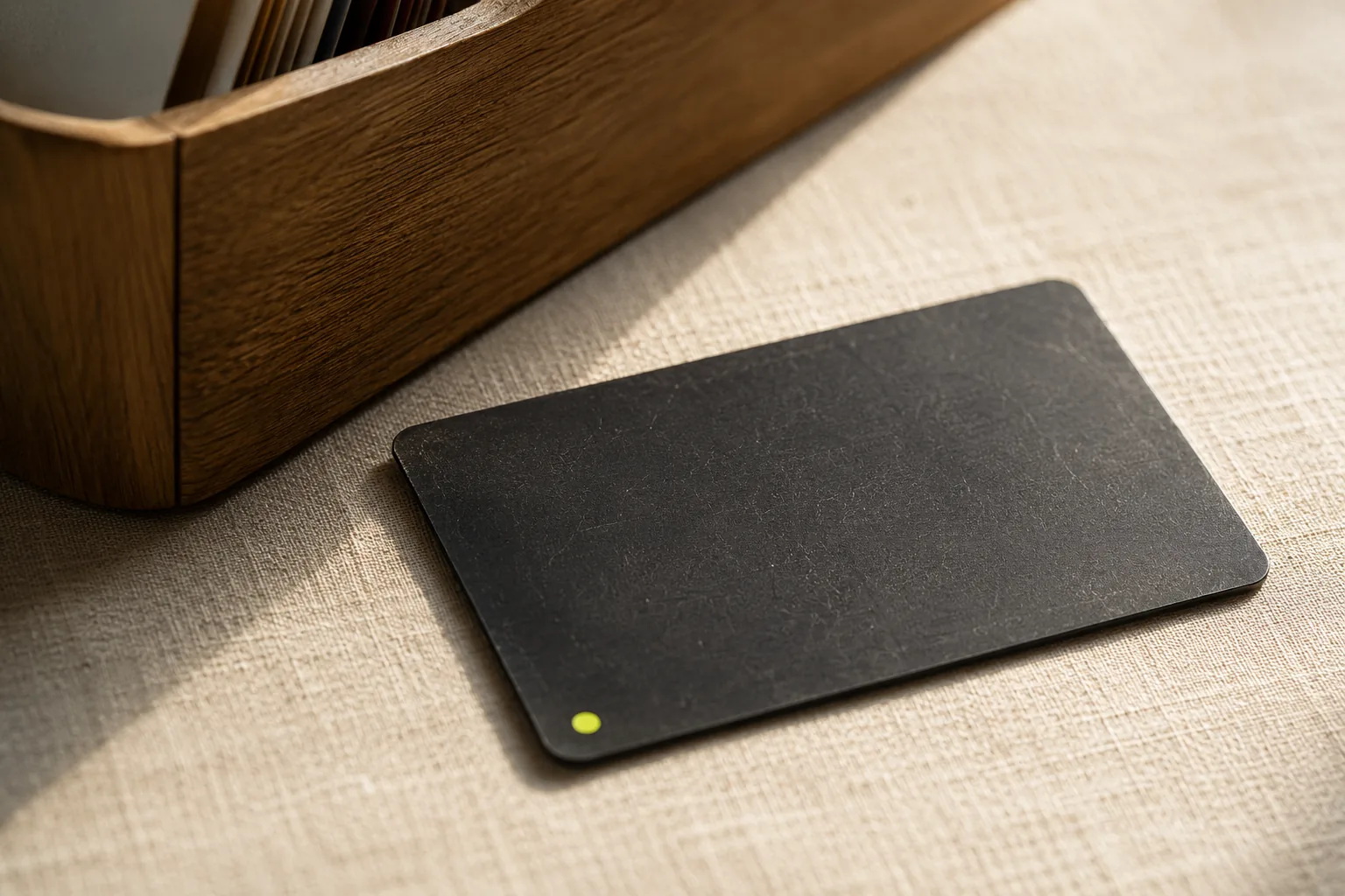 Matte black NFC card with honest signs of years of use, on linen